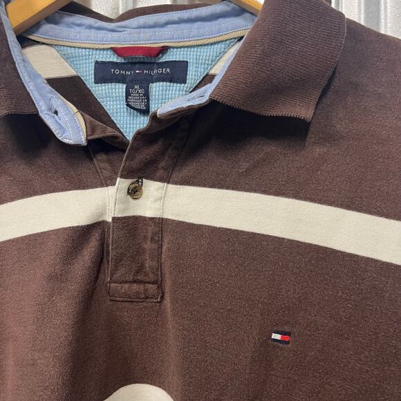 VTG Y2K Tommy Hilfiger Brown and Cream Striped Long Sleeve Polo Shirt SZ XL - Picture 3 of 4